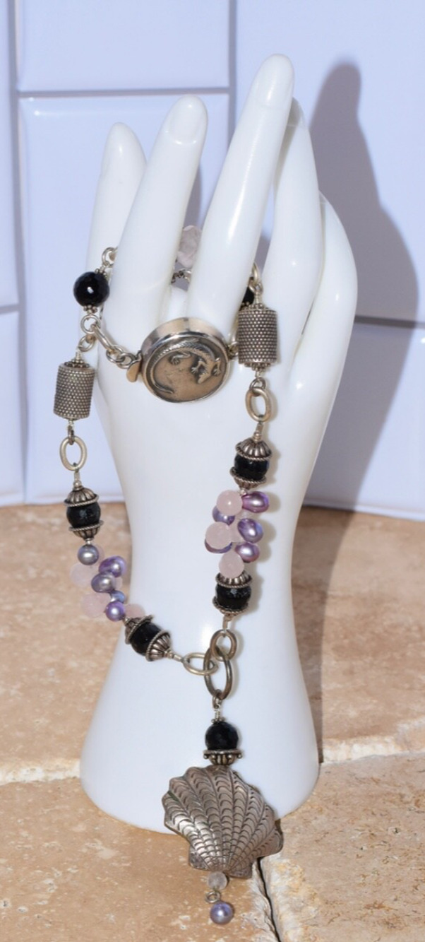 Handcrafted Black Onyx Pink Quartz Pearls 925 Sterling Silver Pendant Necklace